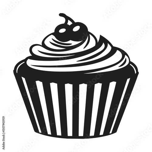 Delectable dessert illustration of a cupcake with rose crême and cherry, a sweet bonbon for a celebration anniversaire design