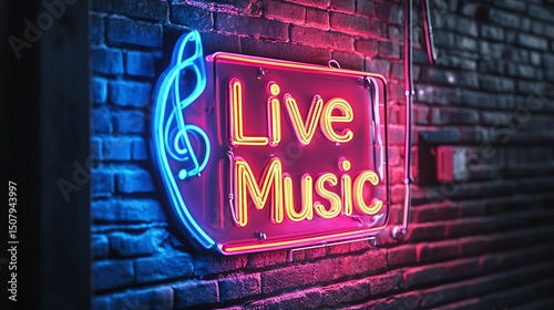 Neon sign advertising live music on a brick wall.