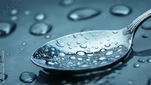 Close-up of a shiny spoon with water droplets reflecting light against a dark background