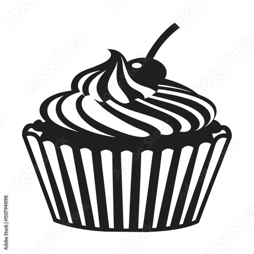 Delectable dessert illustration of a cupcake with rose crême and cherry, a sweet bonbon for a celebration anniversaire design