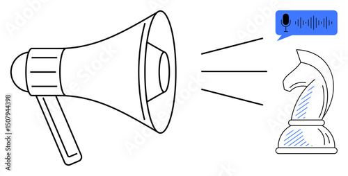 Megaphone projecting sound waves and voice input icon toward chess knight, symbolizing strategy, communication, leadership, innovation, decision-making, digital transformation, teamwork. Flat simple