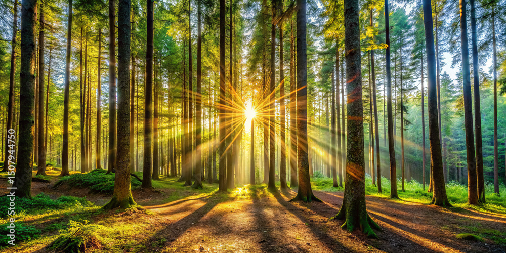 Obraz premium Gentle sunlight streams through the canopy of tall trees in a lush forest, casting beams of light onto the forest floor, creating a tranquil and inviting environment