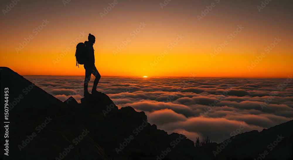 Obraz premium Person Hiking Above Clouds at Sunrise Adventure