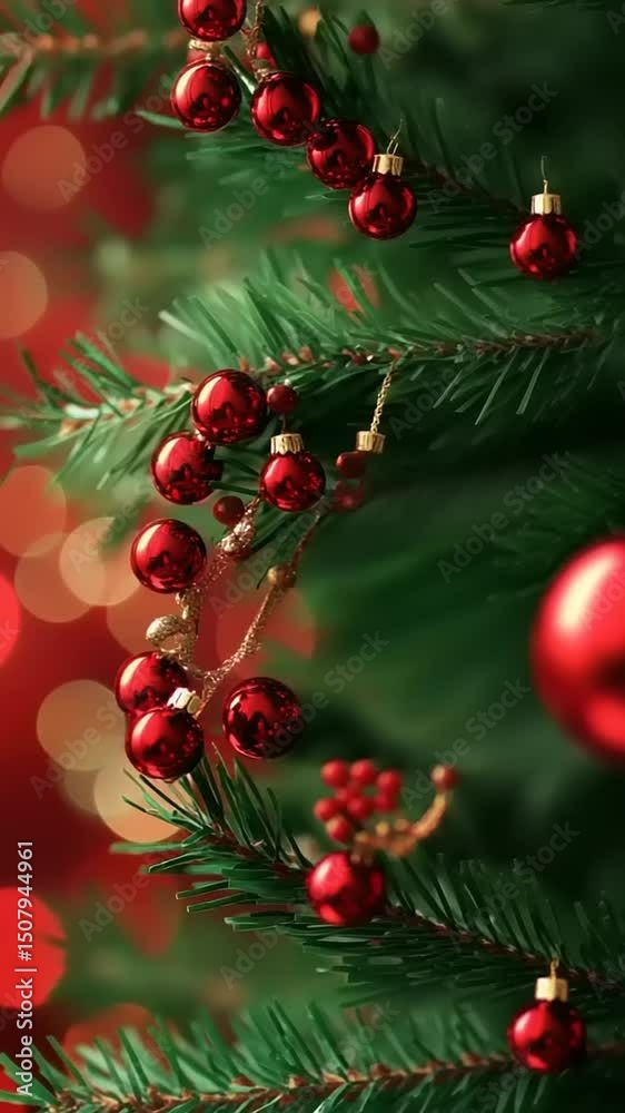 Close-up of festive red bells intertwined with pine branches, creating a vibrant holiday atmosphere Close-up of festive red bells intertwined with pine branches, creating a vibrant holiday atmosphere