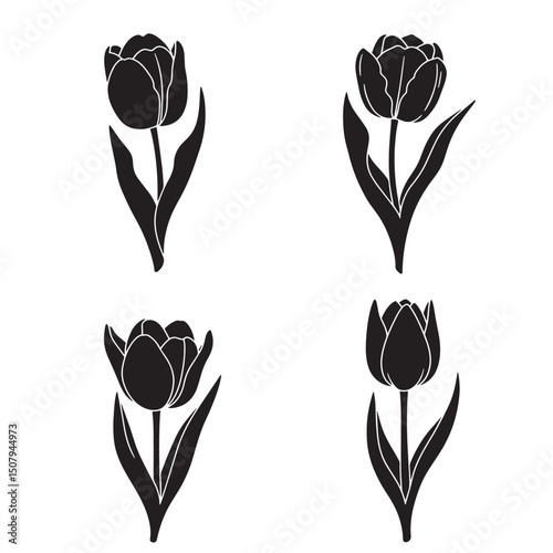 Black silhouette tulips in various stages of bloom isolated on white background perfect for design and decoration