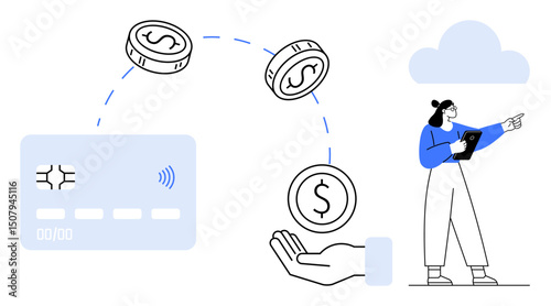 Credit card, coins, hand receiving money, and person holding tablet indicating seamless financial transfer. Ideal for fintech, banking, cashless payment, finance, budgeting technology simple
