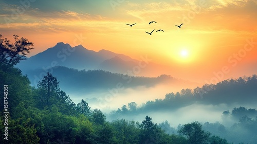 Sunrise over a misty mountain landscape with birds soaring in the sky creating a peaceful natural scene 