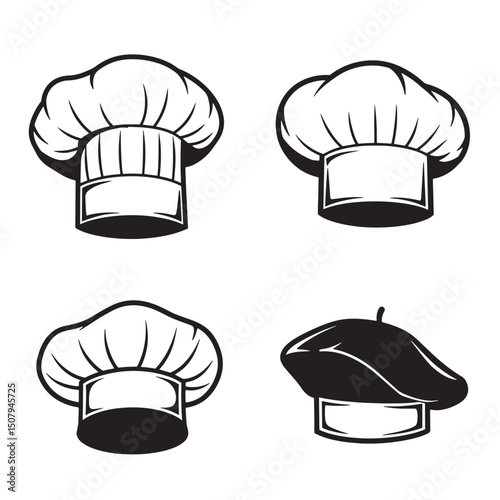 Collection of chef hats and beret silhouettes in black and white illustrative style