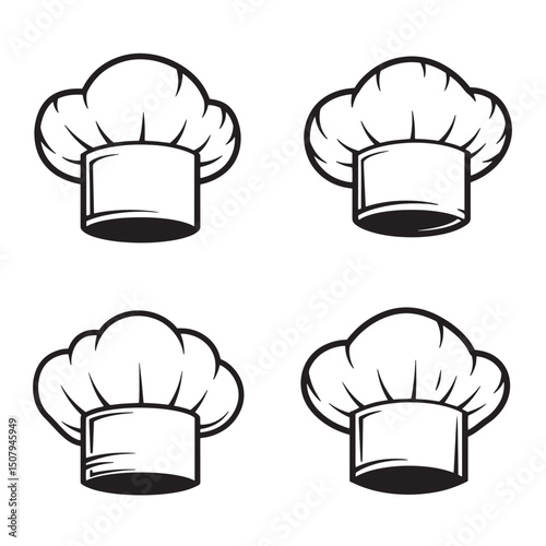 Four black and white silhouette illustrations of classic chef hats for culinary and restaurant related designs