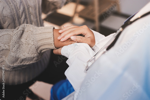 Medicine doctor hand reassuring her female patient