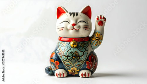 Wallpaper Mural Lucky Cat Figurine  A Charming Maneki-neko with Raised Paw and Intricate Painted Patterns Torontodigital.ca