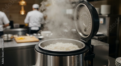 Steaming white rice in commercial kitchen