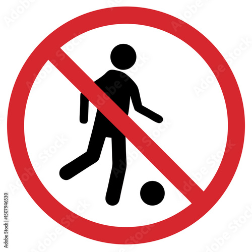No soccer allowed sign with a person and a ball in prohibition circle