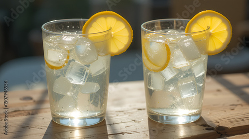Two glasses of light, refreshing lemon water bask in the sunlight, offering a cool respite on a wooden surface.