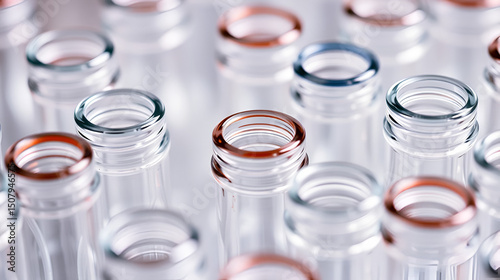 A detailed close-up view of a collection of glass vials. Ideal for scientific research, pharmaceuticals, or chemistry-related concepts.