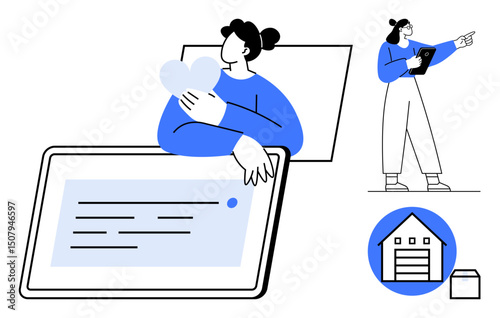 Woman engaging with technology, holding heart shape, using tablet, pointing with clipboard, warehouse icon, and folder. Ideal for logistics, e-commerce, warehouse connectivity teamwork innovation
