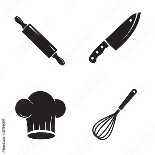 Vector illustration of cooking tools kitchen utensils in a simple silhouette style