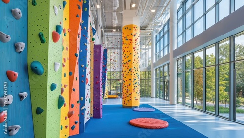 Colorful indoor climbing gym with large windows photo