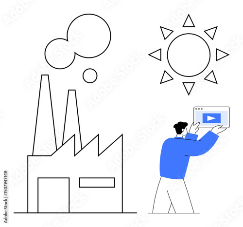 Factory with chimneys emitting smoke, large sun symbolizing solar energy, person holding a digital screen. Ideal for sustainability, renewable energy, innovation, clean environment, technology