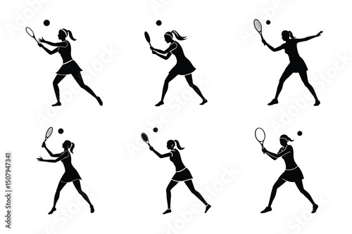 Female Tennis Player Silhouettes in Action with Ball