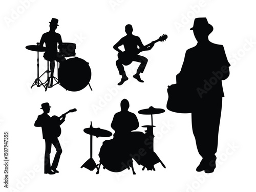 musical instruments silhouettes, musician silhouettes illustration.
