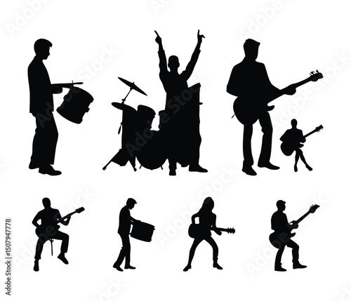musician silhouette set, man playing guitar, musical instruments, band silhouette illustration.