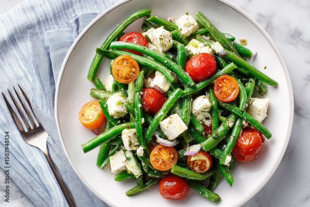 A vibrant green bean salad, featuring halved cherry tomatoes, crumbled feta cheese, and a light, herbaceous dressing, served on a white plate A vibrant green bean salad, featuring halved cherry tomatoes, crumbled feta cheese, and a light, herbaceous dressing, served on a white plate