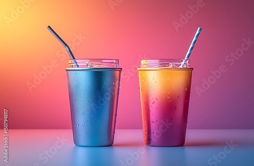 Colorful Cups Mockup Blue and Orange Pink with Straws on Table

 photo