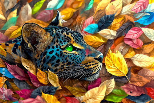 A captivating artistic depiction of a jaguar blending with the colors of autumn in a stunning digital illustration