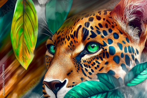 Artistic portrait of a jaguar depicting intense green eyes emerging from lush tropical foliage
