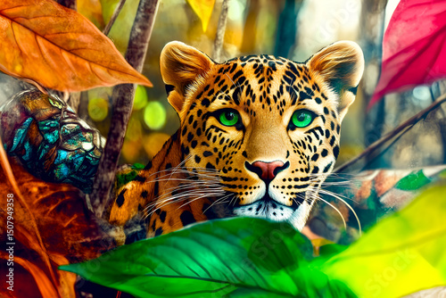 Stunning close-up portrait of a leopard with vibrant emerald green eyes partially hidden amongst lush foliage in a jungle setting