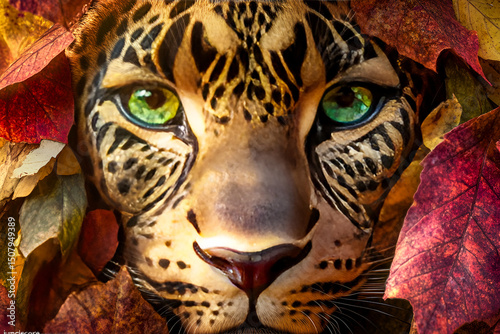 Close up portrait of a majestic jaguar with captivating green eyes and autumn foliage creating a striking and expressive composition of nature.