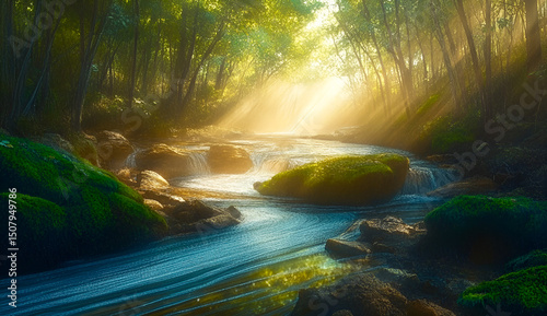 Serene forest river scene illuminated by golden sunlight creating a peaceful nature landscape with flowing water and lush vegetation