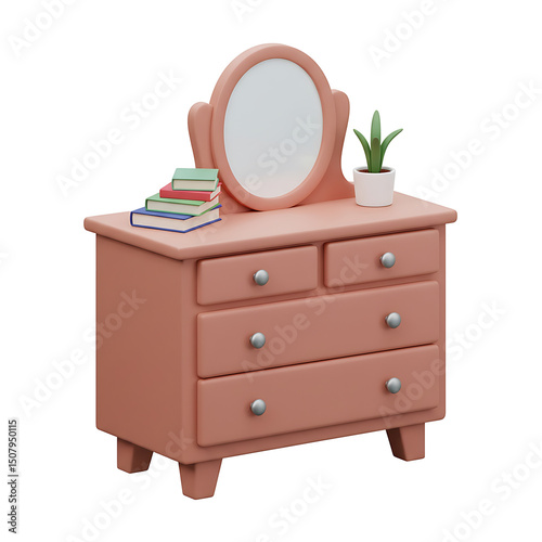 Pink Dresser with Oval Mirror, Books, and Potted Plant, Front View