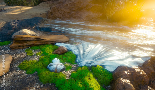 Scenic riverside depiction featuring an abstract riverbank landscape with moss rocks driftwood and gentle flowing water in a bright light