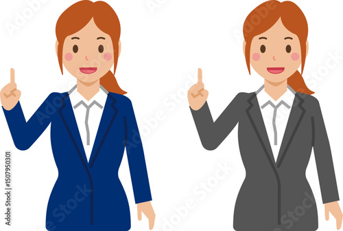 ポイントを説明するポニーテールの若い女性。スーツ姿の上半身