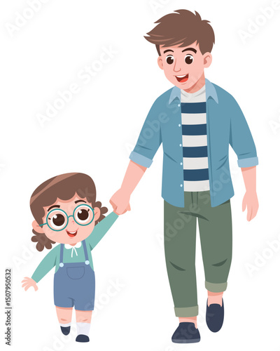 A cute cartoon illustration of a father holding hands with his young daughter as they walk together.