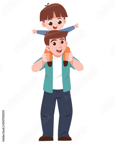 A cheerful cartoon illustration of a father carrying his smiling son on his shoulders.