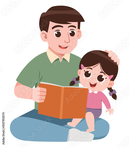 A heartwarming cartoon of a father reading a storybook to his young daughter.