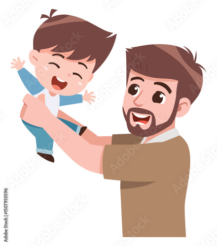 A heartwarming cartoon illustration of a joyful father lifting his happy son in the air.