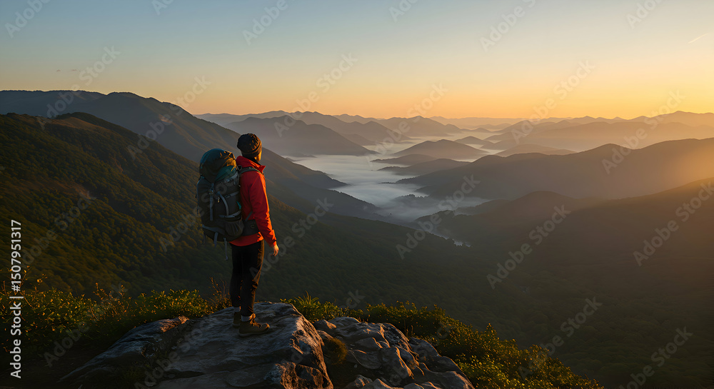 Fototapeta premium Hiker Standing on Mountain Peak Looking at Valley View at Sunrise