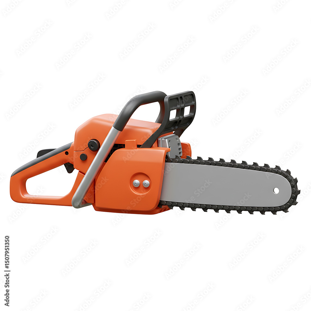 Orange chainsaw with a gray blade and black handle, side view Orange chainsaw with a gray blade and black handle, side view