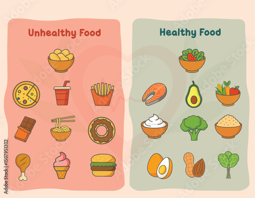 Illustration Showing Healthy and Junk Food Differences
