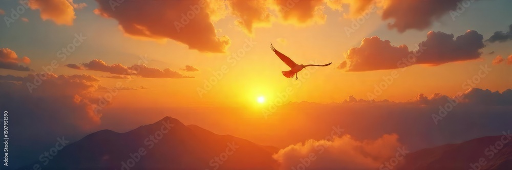 Fototapeta premium A lone bird in flight against a vast, open sky, symbolizing boundless freedom and limitless possibilities The sun sets, casting a warm, golden glow , open, air, inspiration