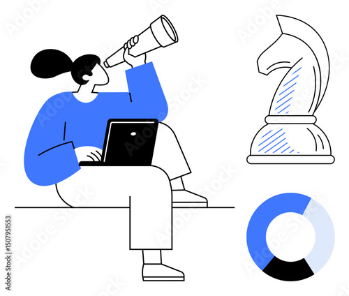 Person analyzes strategy using laptop and telescope, chess knight symbolizes planning, circular chart highlights data insights. Ideal for strategy, decision-making, planning, analysis, foresight