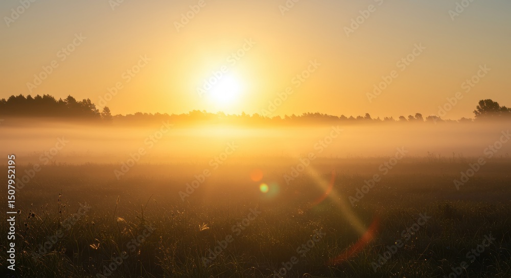 Naklejka premium 霧のかかった野原に昇る朝日と黄金色の光