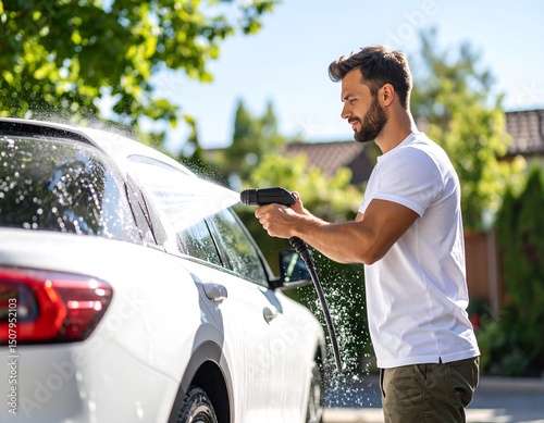Man power washes a white car outdoors on a sunny day