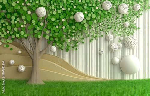 Abstract 3d golf course scene with tree and golf balls modern style for sport and recreation