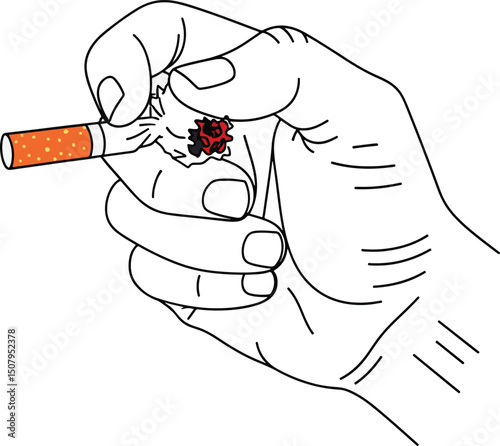 minimalistic line art illustration of a hand crushing a cigarette., No Smoking , tobacco ,  stop smoking