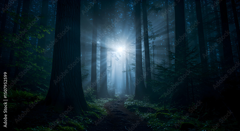 Naklejka premium Sun Rays Shining Through Foggy Forest Landscape